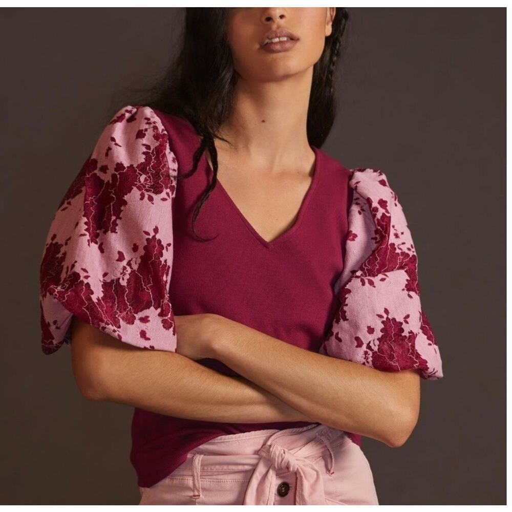 Anthropologie Dolan Left Coast Women's Lace Puff Sleeve Crop Top Burgundy XS